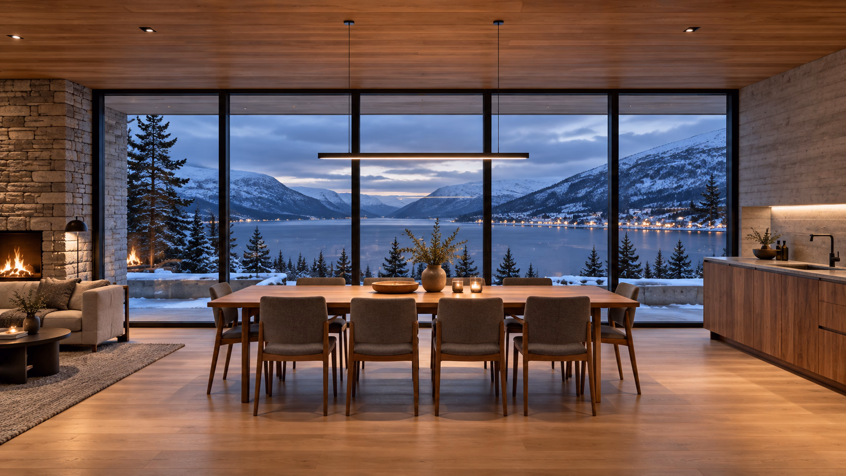 A sala de jantar da Casa Kvaløya, olhando por cinco painéis de vidro em direção ao fiorde.