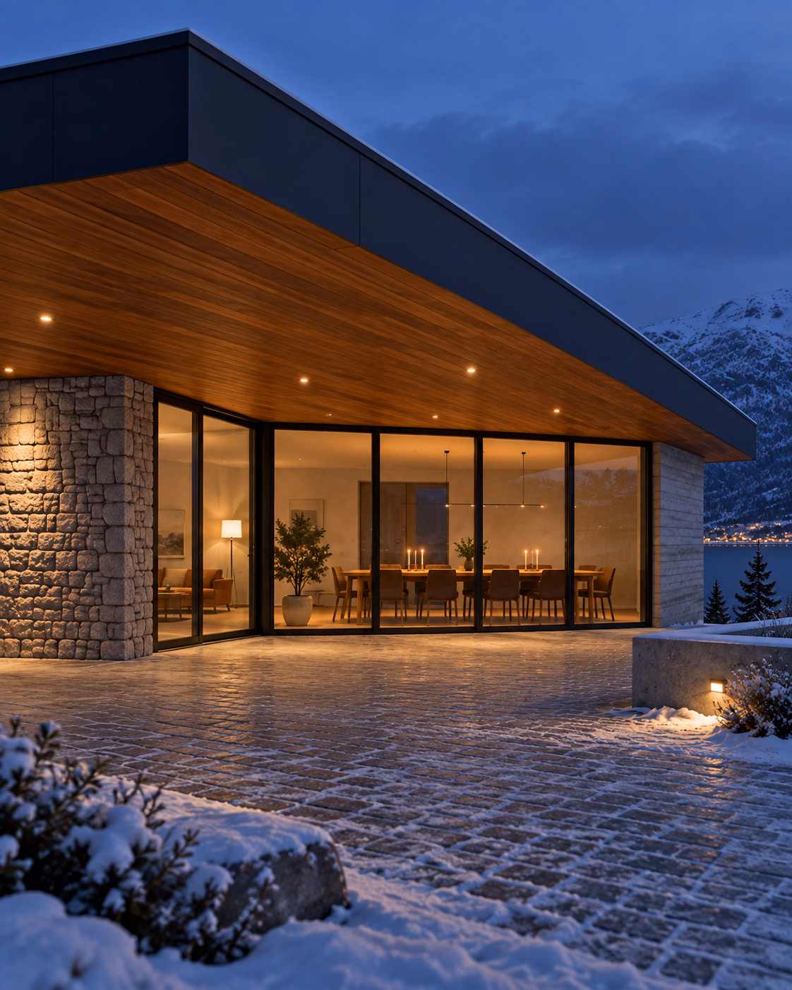 A sala de jantar envidraçada iluminando o pátio abrigado da Casa Kvaløya.