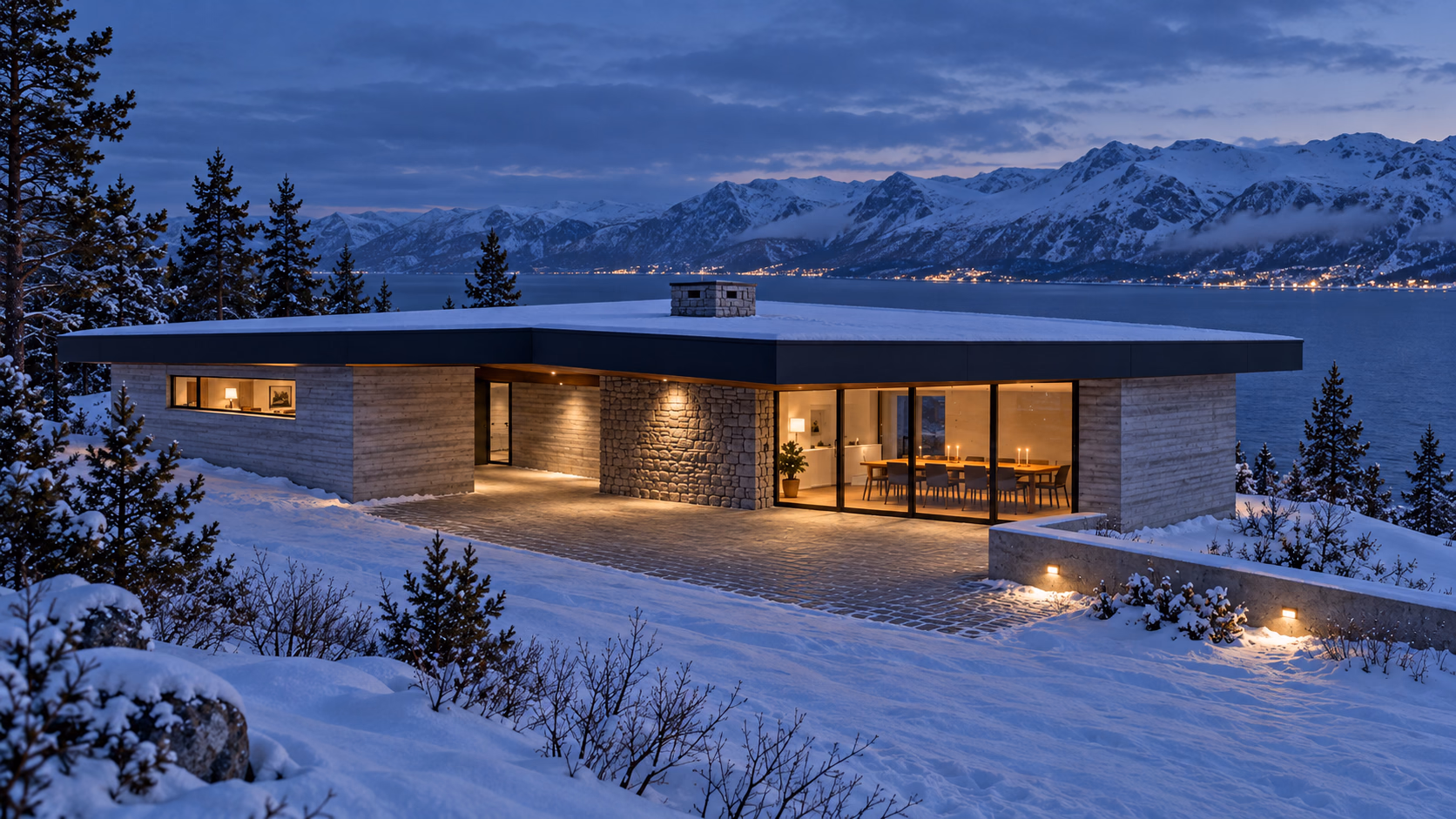 O pátio pavimentado e a passagem coberta da Casa Kvaløya, junto ao estreito.