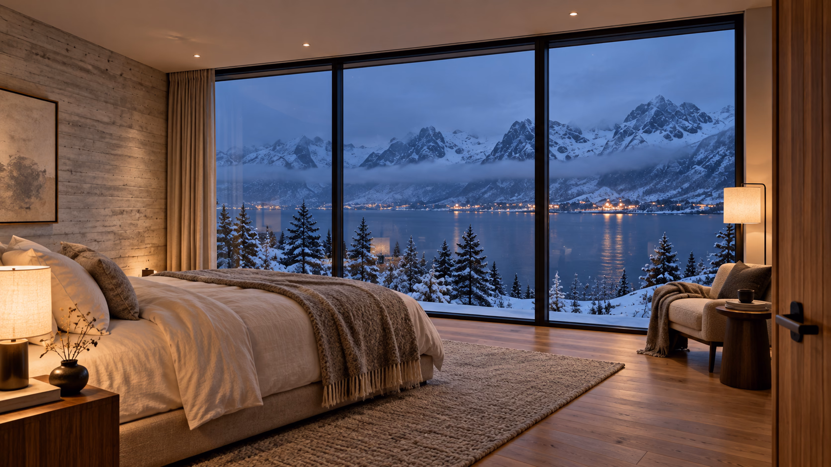 O quarto da Casa Senja, olhando pela janela de três painéis da extremidade em direção ao fiorde.